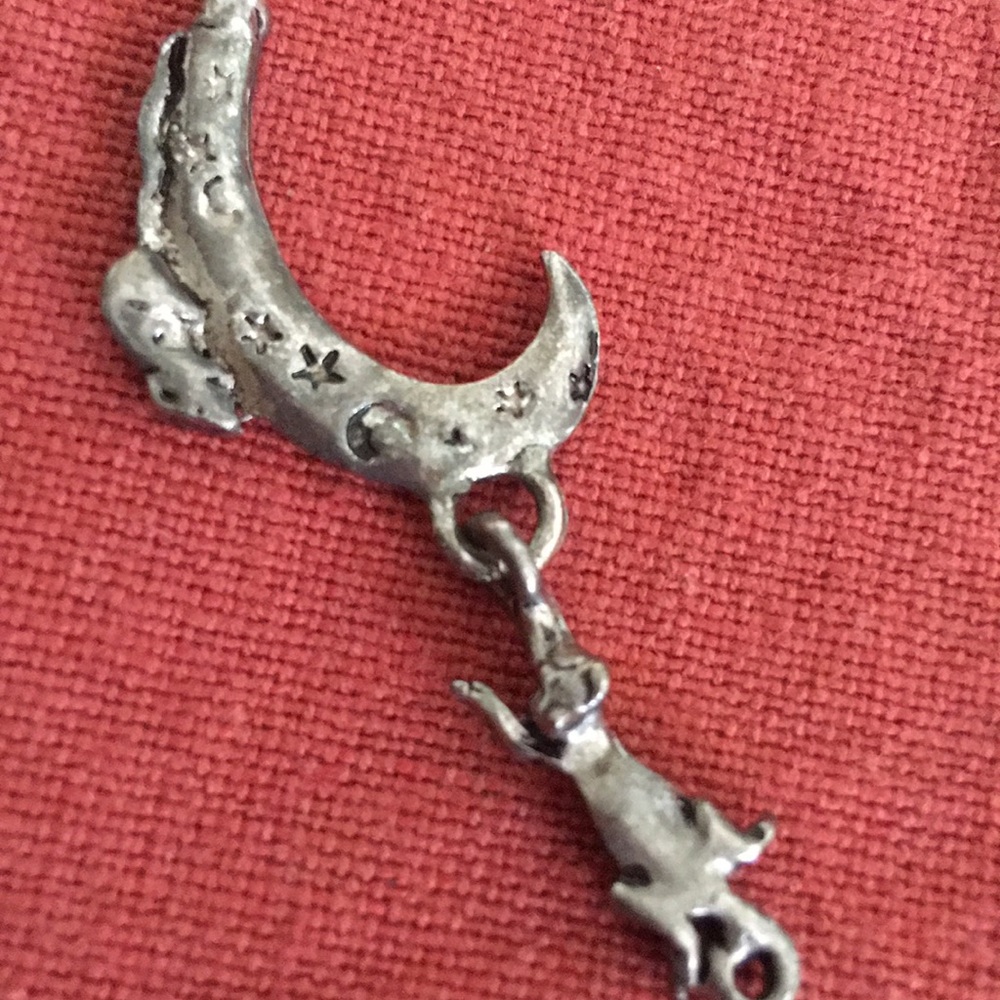 Vintage pewter cat mouse moon earrings